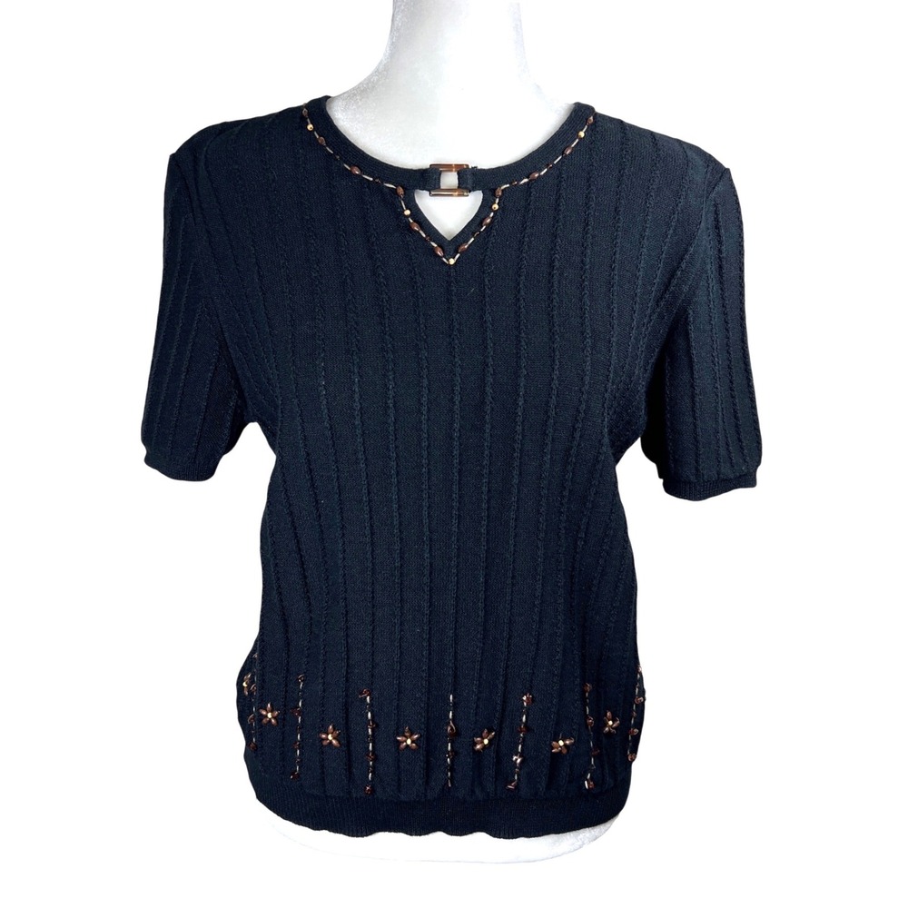 Alfred Dunner Petite Black Ribbed Beaded Short Sleeve Knit Sweater Size PM